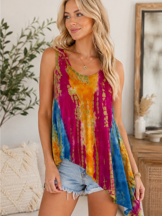 SOL. Tops - Asymmetrical Tie-Dye Tank Top in Magenta, Blue & Gold